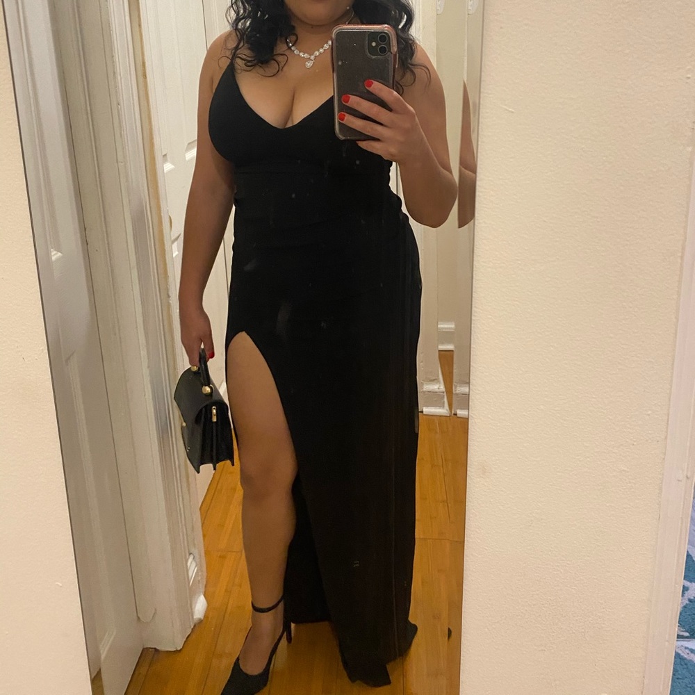 Black spaghetti dress with side slit